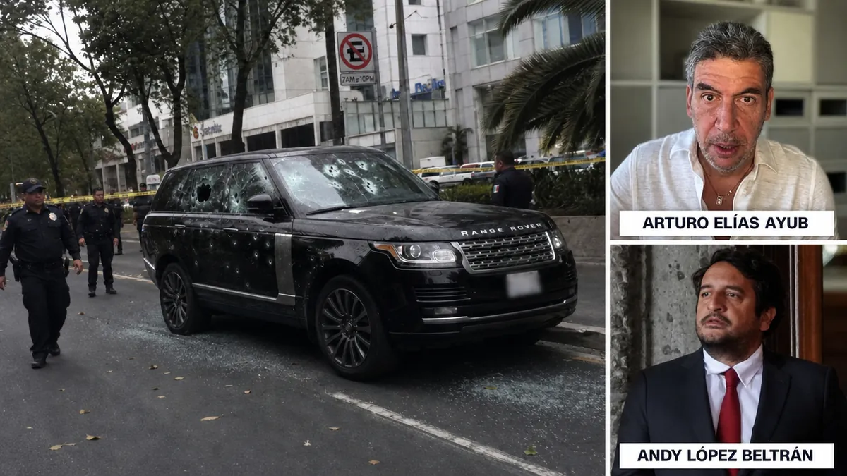 Auto blindado Range Rover de Arturo Elías Ayub baleado en Paseo de la Reforma, con oficiales de la Policía CDMX en la escena. A la derecha, retratos de Elías Ayub y Andrés López Beltrán.