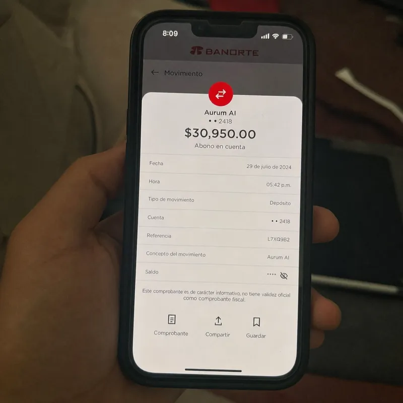 Captura de la app del banco con depósito de Aurum AI